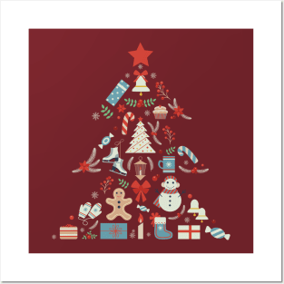 Christmas Tree Shape With Snowman And Ornaments Posters and Art